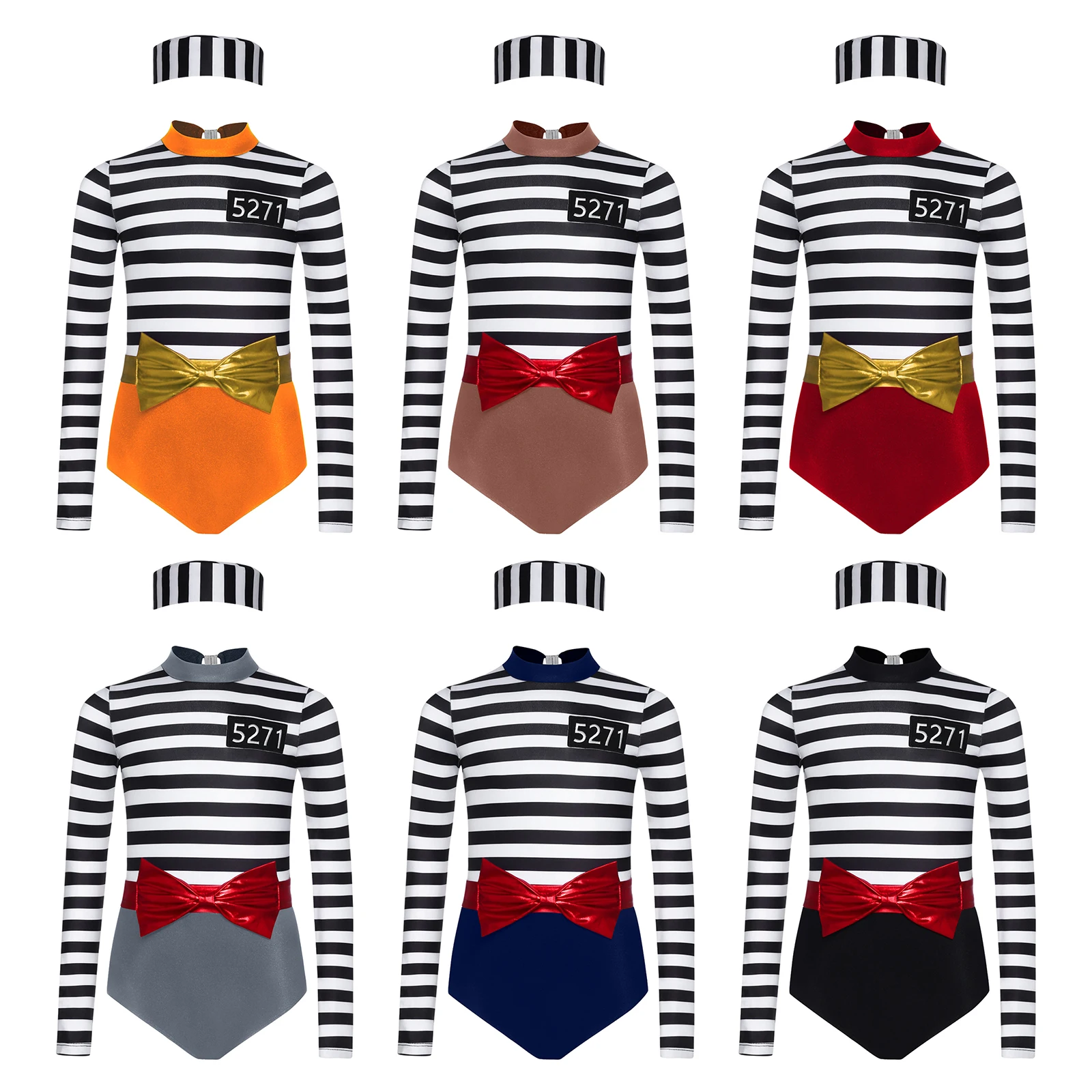 Teen Girls Halloween Prisoner Cosplay Bodysuit Long Sleeve Striped Jailbird Jumpsuit with Belt Convict Cap Criminal Costume