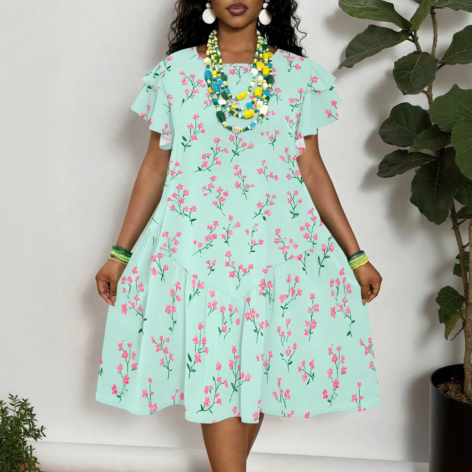 

Women's Plus Size Floral Print Short Sleeve Dress with Ruffle Details