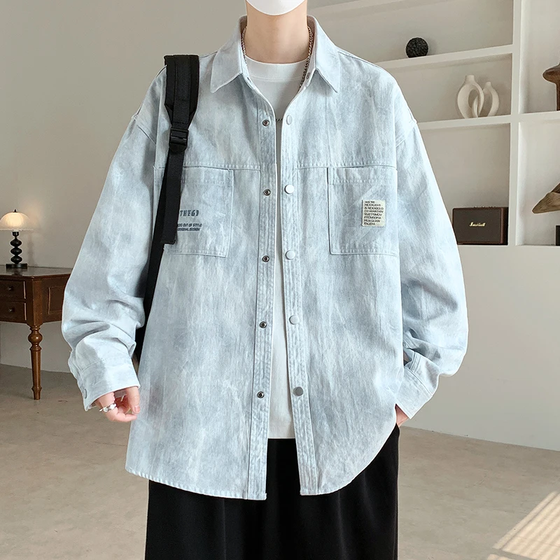 

Мужская рубашка-куртка American Sle из чистого хлопка с длинным рукавом, весна-осень, модный бренд, отложной воротник, градиентный цвет, свободный крой.