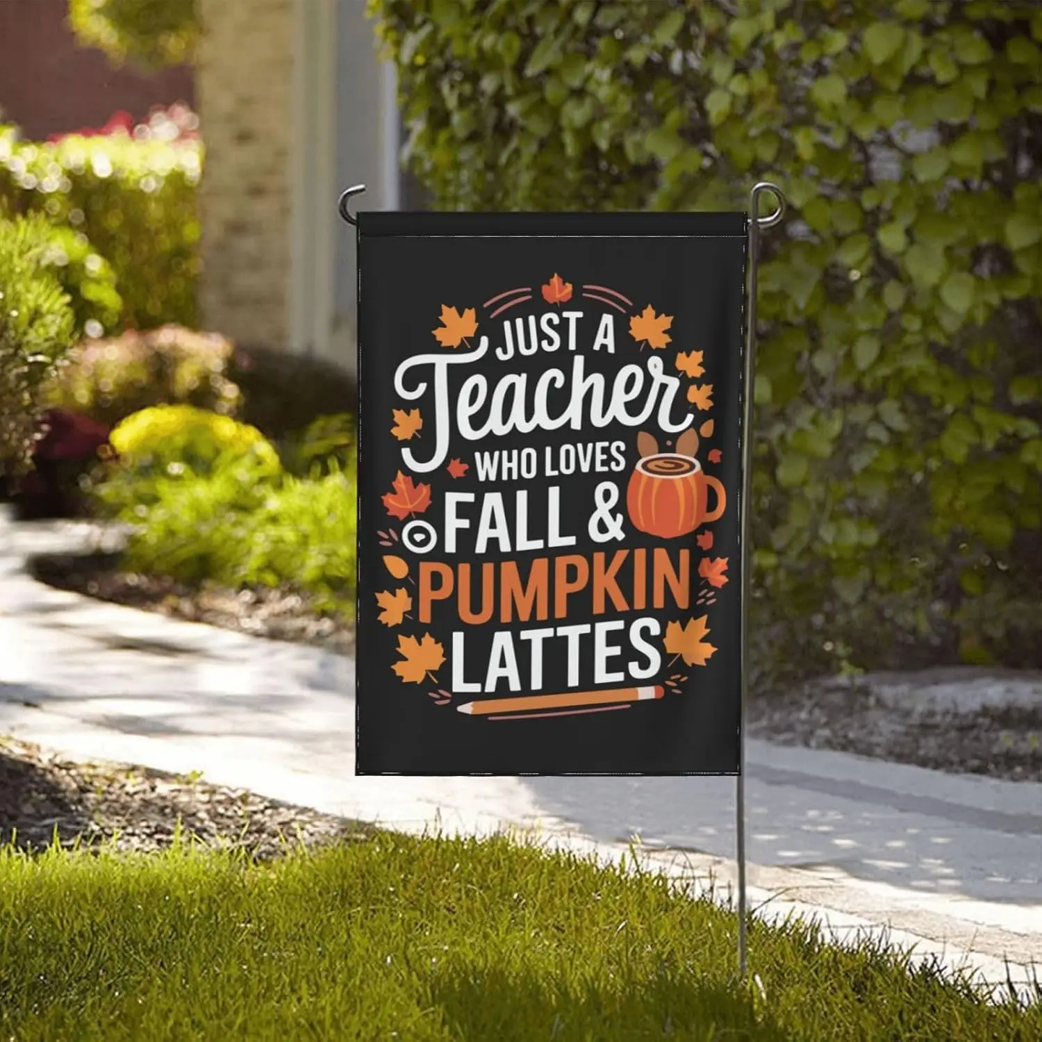 Just A Teacher Who Loves Fall And Pumpkin Lattes Flag Garden Flag Small Garden Flags 12x18 Double Sided Decorative Banner Fo yyi