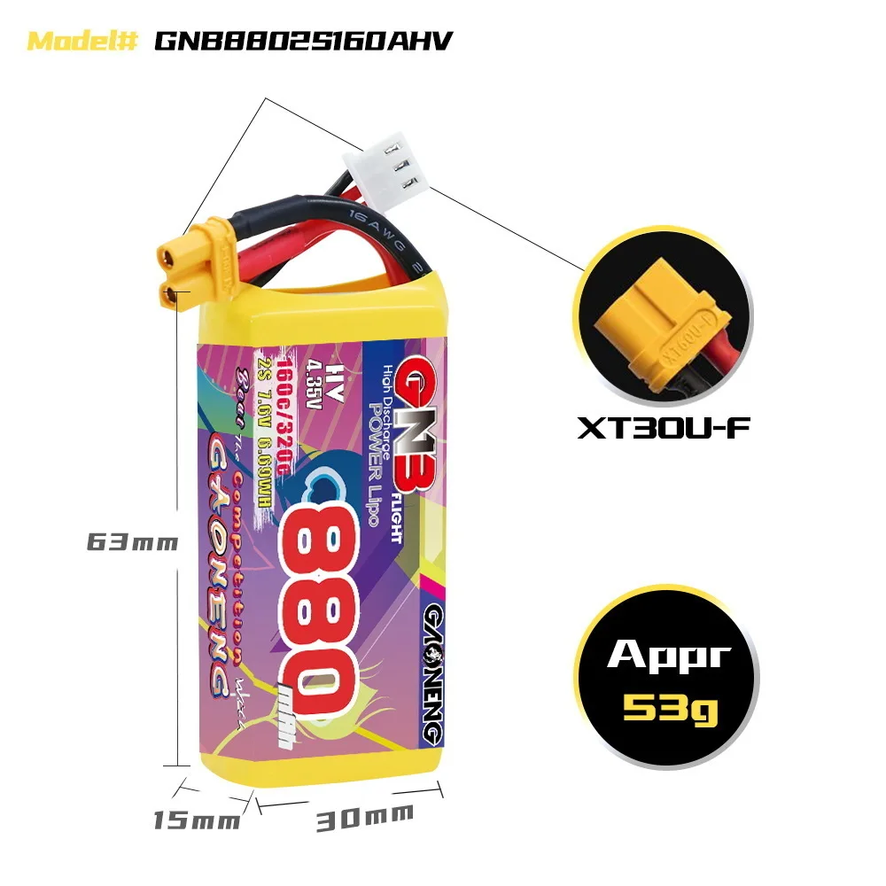 Gbn 2s 7.6v 880mah fpv drone lipo bateria 160c/320c com plugue xt30 para rc fpv quadcopter helicóptero avião peças de bateria rc