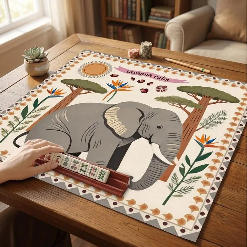 VIKAMA Boho African Elephant Mahjong Mat Non Slip Noise Reduction Soft Square Pad Washable Casual Home Game