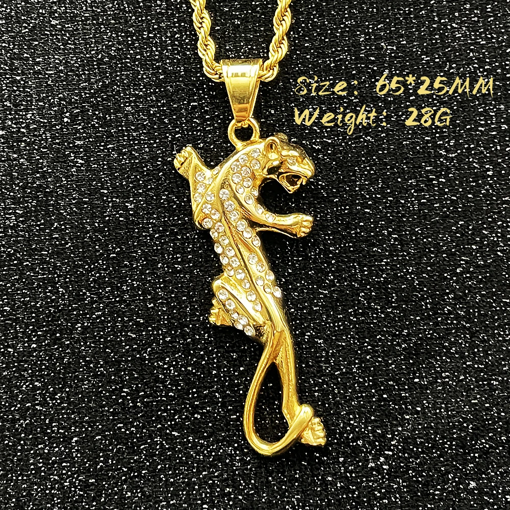 Hip Hop Gold Color silver 316L Stainless Steel with rhinestone Leopard Panther Animal Pendants Necklaces for Men Rapper Jewelry