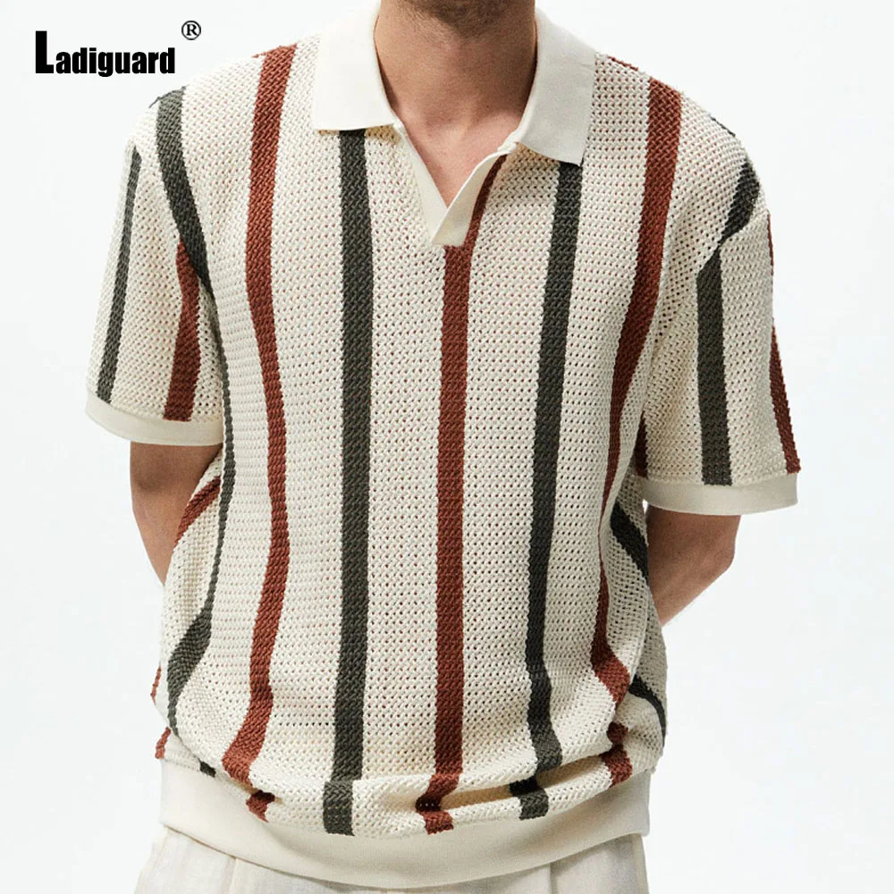 

Ladiguard 2024 England Style New Knitting Sweater Mens Fashion Striped Top Short Sleeve Casual Cardigans Lepal Collar Knitwear