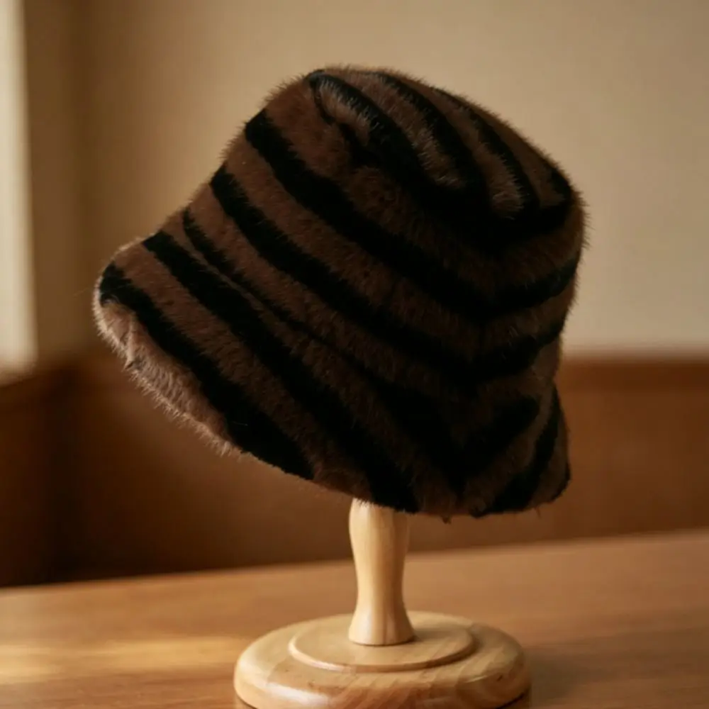Warm Zebra Pattern Winter Bucket Hat Fluffy Ear Protection Striped Fisherman Hat Soft Faux Fur Basin Hat