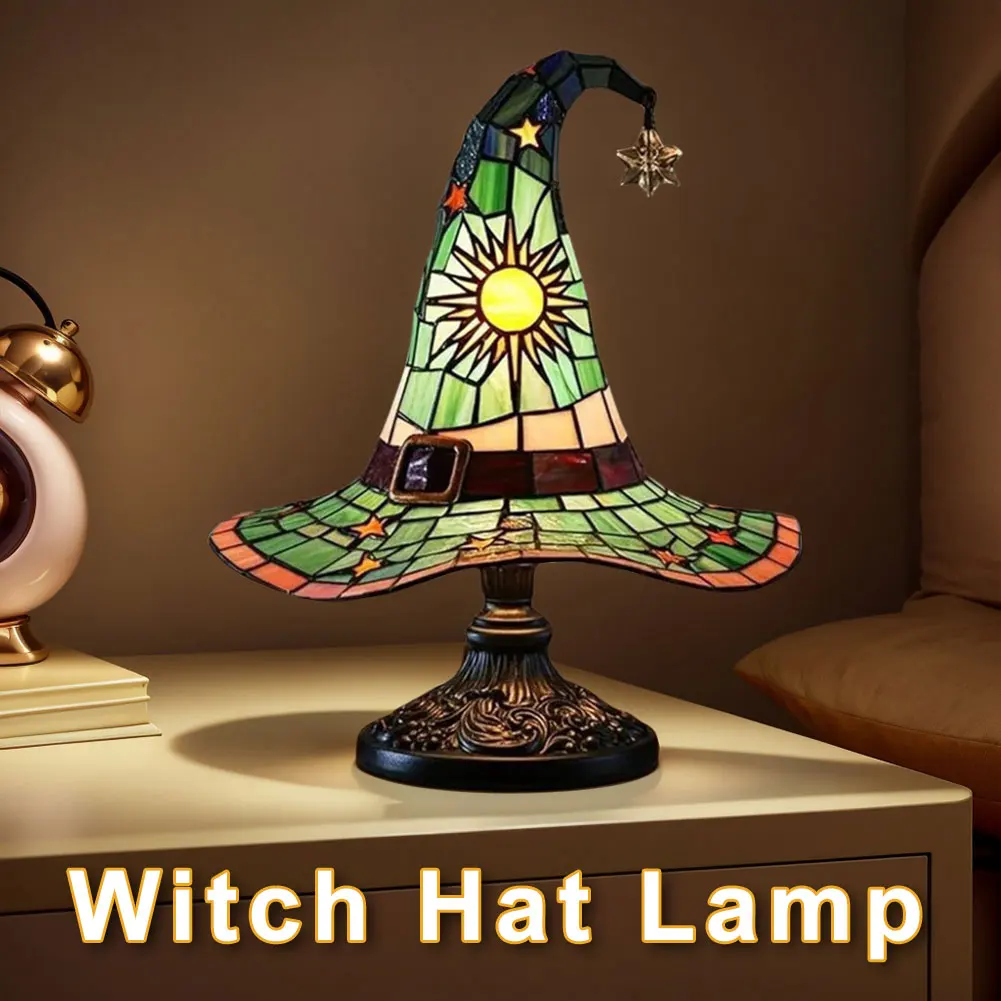 Criativo chapéu de bruxa lâmpada de vidro manchado chapéu de bruxa lâmpada usb alimentado criativo candeeiro de mesa luz da noite para sala estar casa quarto