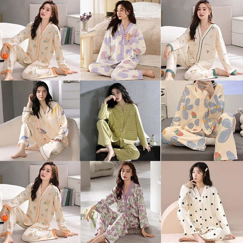 2pcs/set New Spring Autumn Pajama Loose Women Fashion Anime Pattern Long-sleeved Shirt Long Pants Girl Pajama Set Home Casual