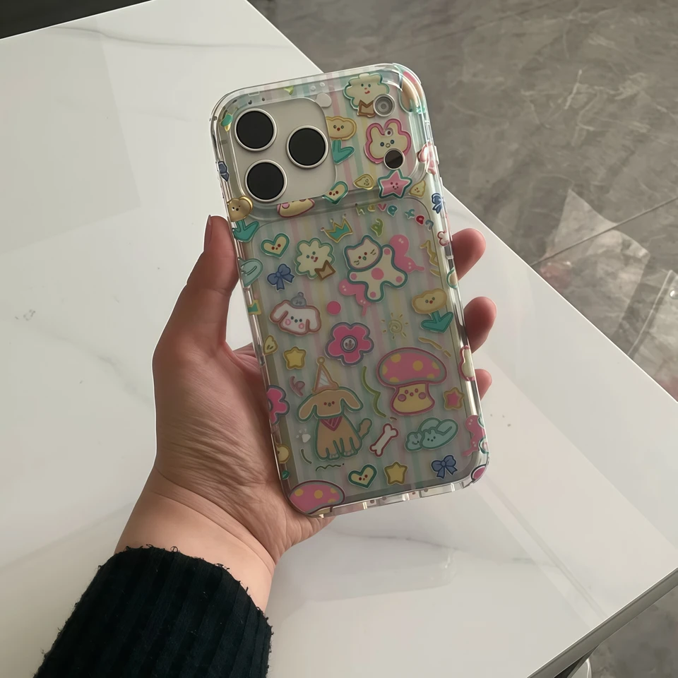 Funda de teléfono linda de animal de dibujos animados para iPhone 17 Pro Max 16 15 14 13 12, cubierta transparente kawaii de hongo y flor con correa de muñeca 5