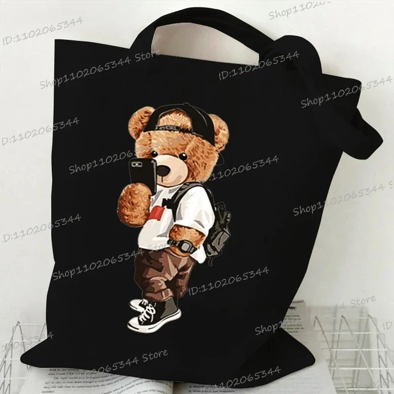 New Funny Bear Harajuku Shoulder Bag for Women Casual Reusable Shopping Bag Teddy Bear Graphic Tote Bag Street Handbags for Lady