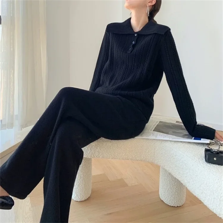 Women Two Piece Pant Sets Knit Sweater Button Turn Down Collar Pullover Solid High Waist Long Pants Elegant Loose Lady Autumn