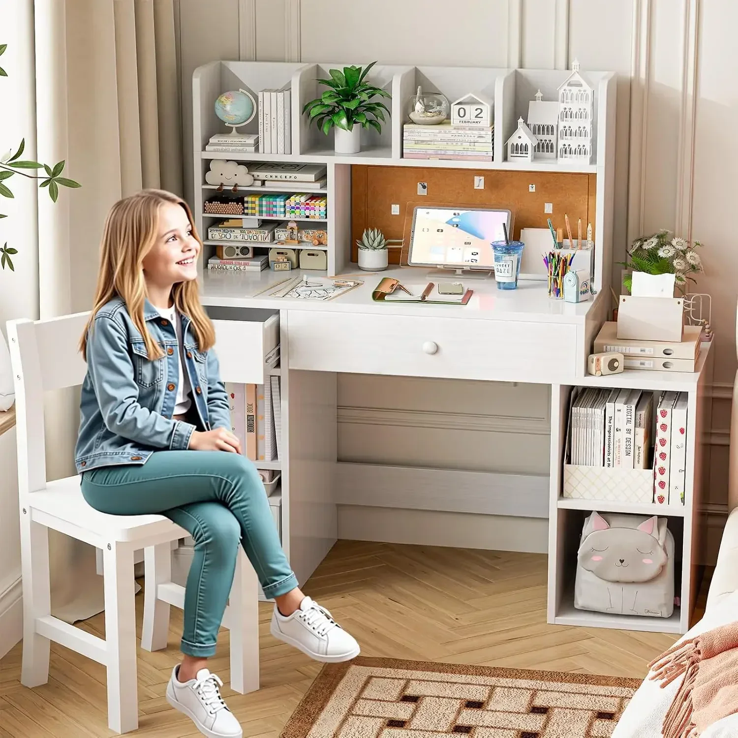 Kids Study Desk And Chair Set Wooden Ivory White Children Bedroom Study Desk With Storage Drawers Cabinets Open Hutch Shelves