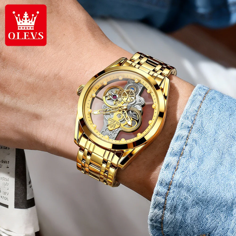 

OLEVS Men's Watches Luxury Gold Steel Strap nen's Quartz Wristwatch Personalized Hollow-out Pseudo-mechanical Fashoin Gift Male