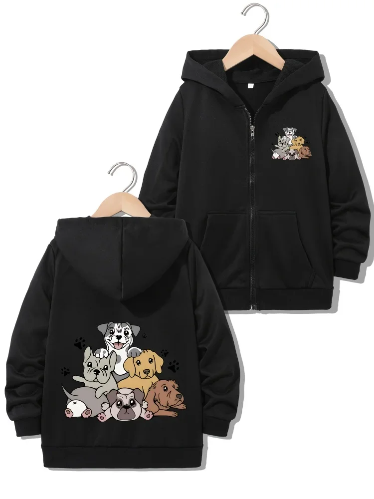 Light Gray Zip Up Hoodie Chest Small Cartoon Puppy Group Print Back Large Cute Multi Dog Paw Print Graphic Kids Casual Sweatshir