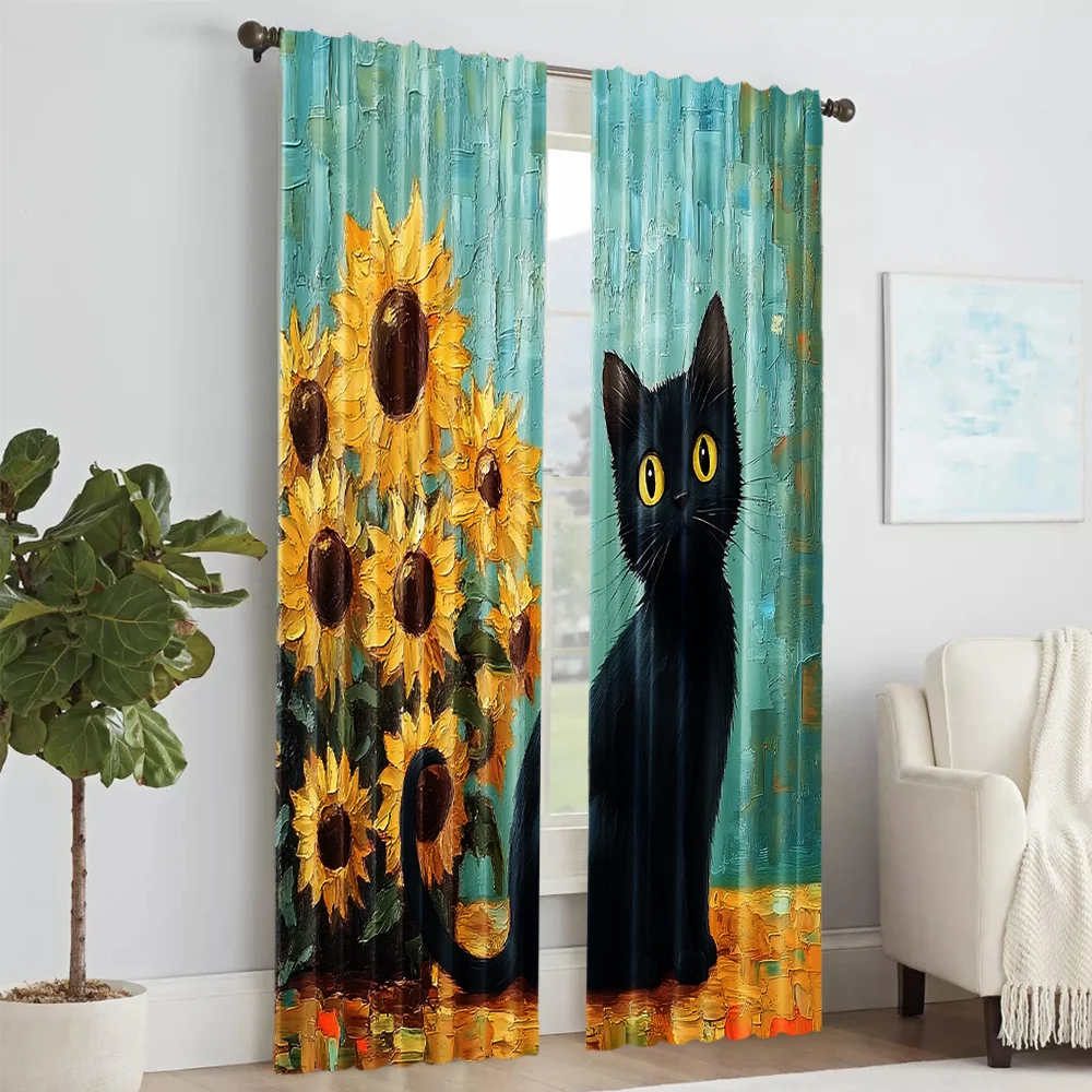 2 pcs, versatile polyester transparent curtains for home decoration Black Cat Knocks Over Sunflower Vase for use in bedrooms and