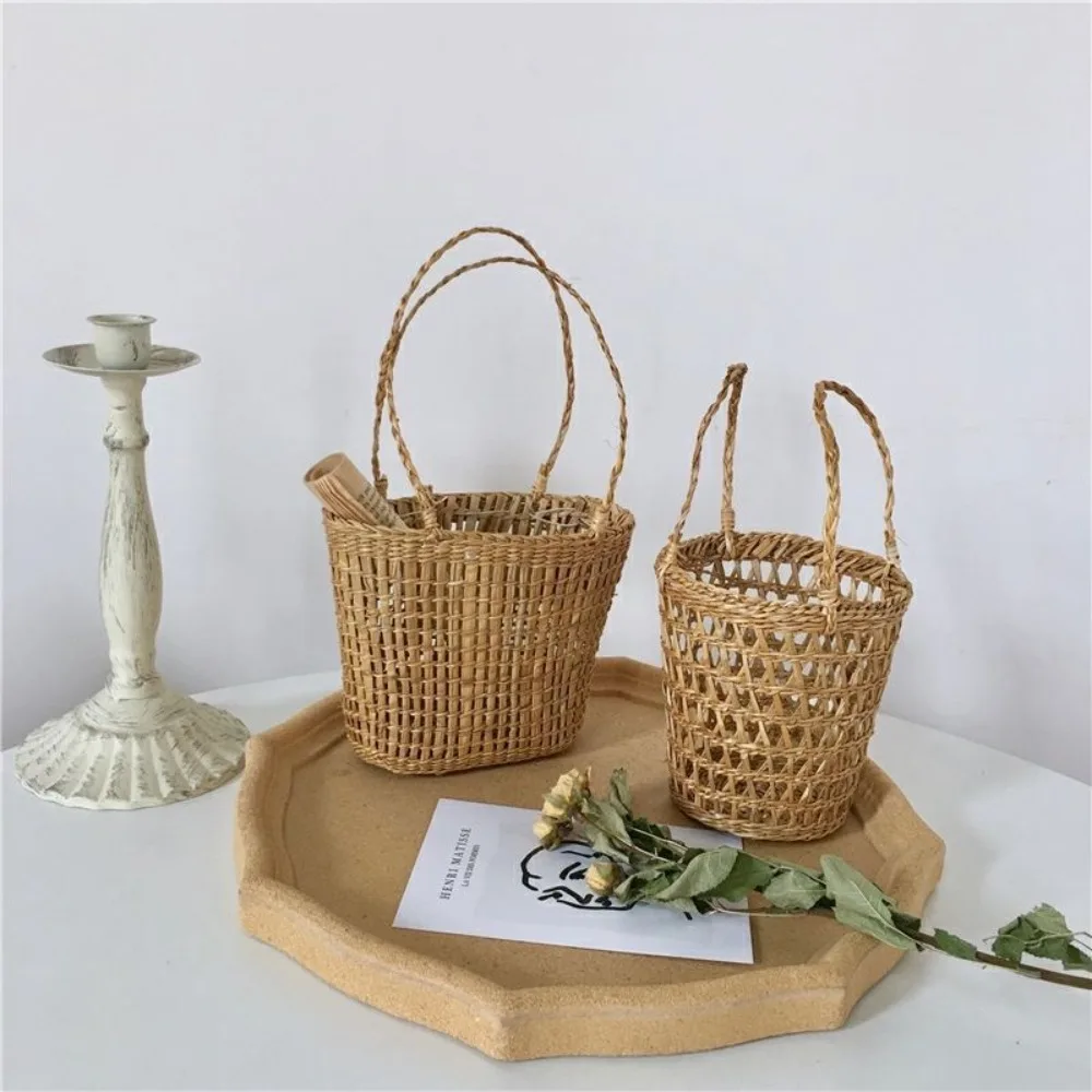 Panier tissé en paille fait à la main, pratique, accessoires de pique-nique, ornements, petit panier de fleurs avec poignée, couvercle de tasse de thé