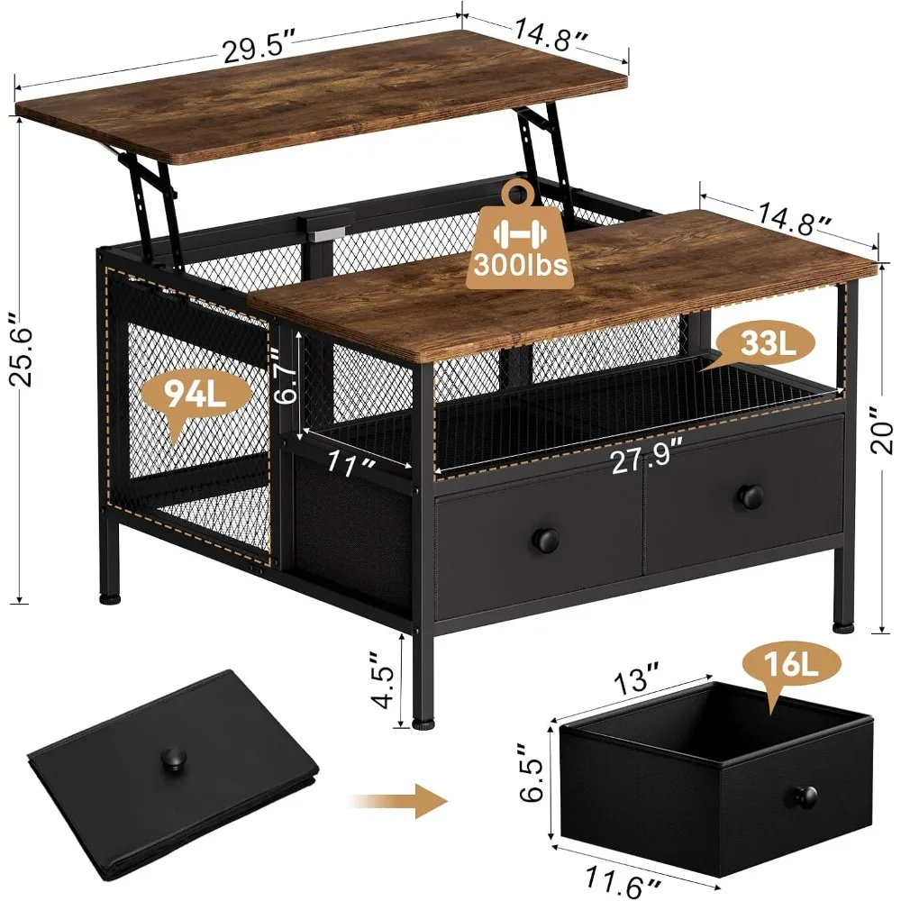 Lift Top Coffee Table, Square Coffee Table Metal Wood, Farmhouse Lift Up Coffee Table Cocktail Table with Wire Mesh Barn Door