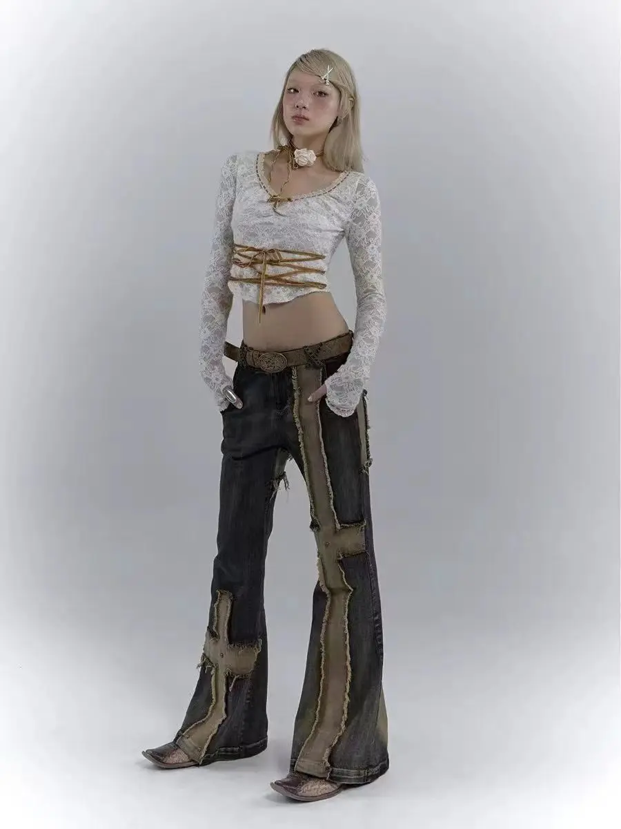 Flare Jeans Rough Edges High Waist Grunge Aesthetics Distressed Jeans Vintage Patchwork Wasteland Punk Do-Old Denim Pants Gothic