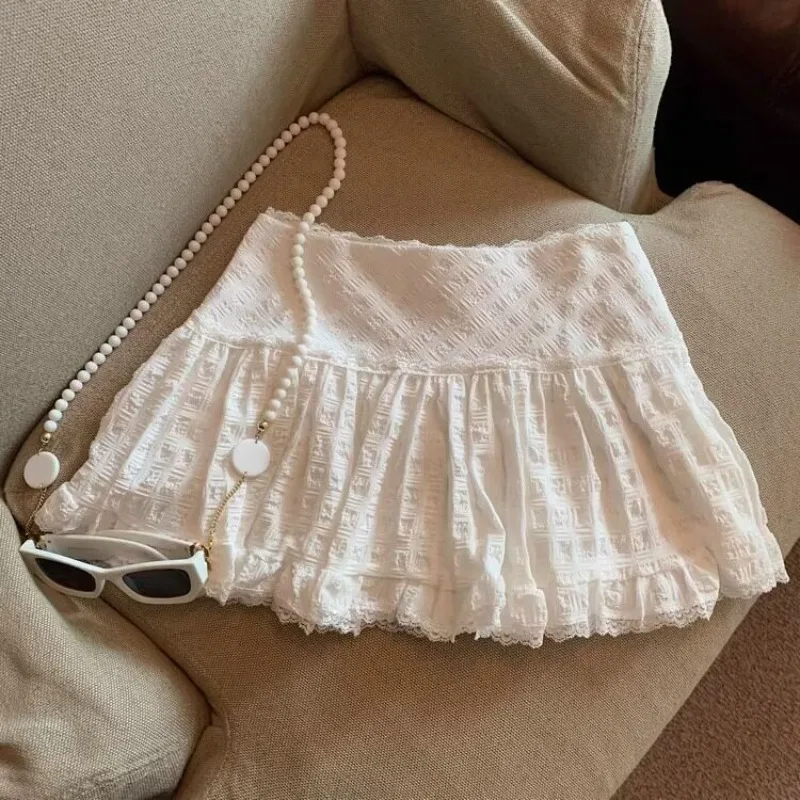 

Белая кружевная юбка женская летняя с высокой талией, А-силуэт, тонкая, в стиле Spice Girl, с защитой от просвечивания, многоярусная