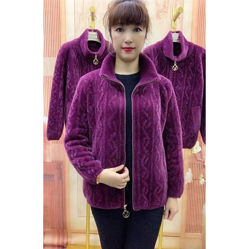 New Middle Aged Elderly Mother Imitation Mink Velvet Coat Women Autumn Winter Thicken Knitted Cardigan Sweater Female Knitwear