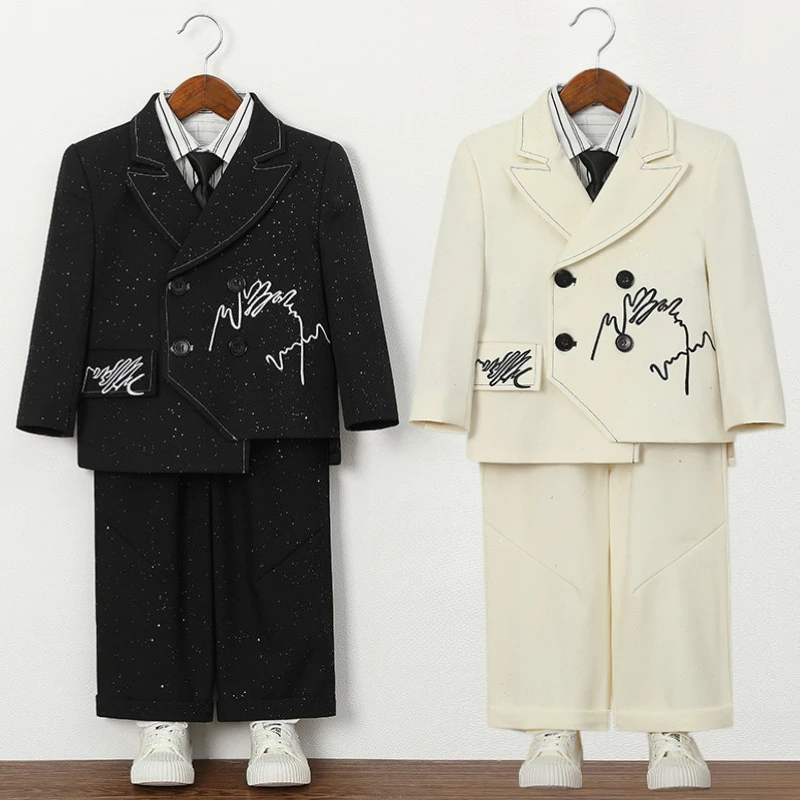 Boys Glitter Graffiti Blazer Pants Set with Striped Shirt & Tie Formal Suit for Kids Wedding Birthday Party Performance Costume