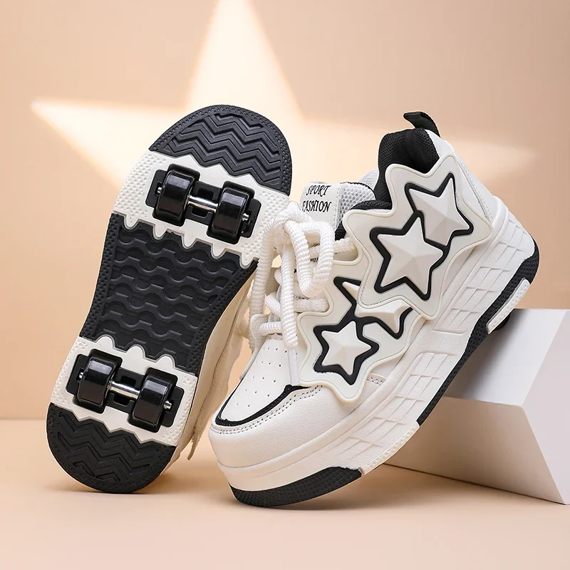Children 4 Wheels Roller Skate Shoes Star Design Lace Up Deformation Sneakers Breathable Casual Outdoor Skating Shoes Boys Girls