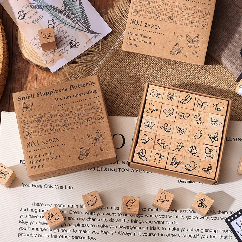 Journal GO 25pcs/set  Cute Stamp Wooden Rubber Stamps Lovely Vintage Craft Stamps Set for Diy Scrapbooking Planner Card Making