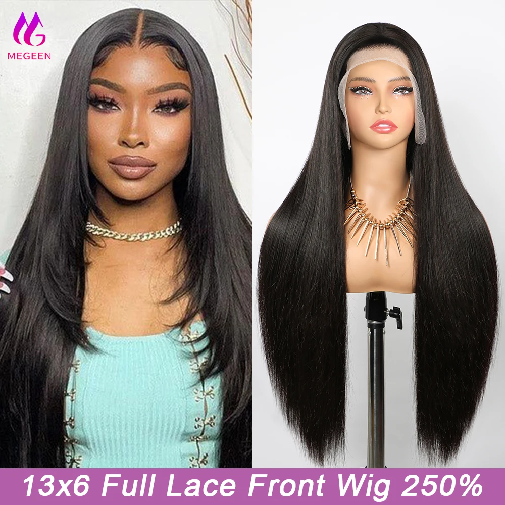 Megeen 13X6 Full Lace Front Wigs Human Hair Burmese Straight HD Transparent Lace Frontal Wigs Deep Part Virign Hair 250% Density