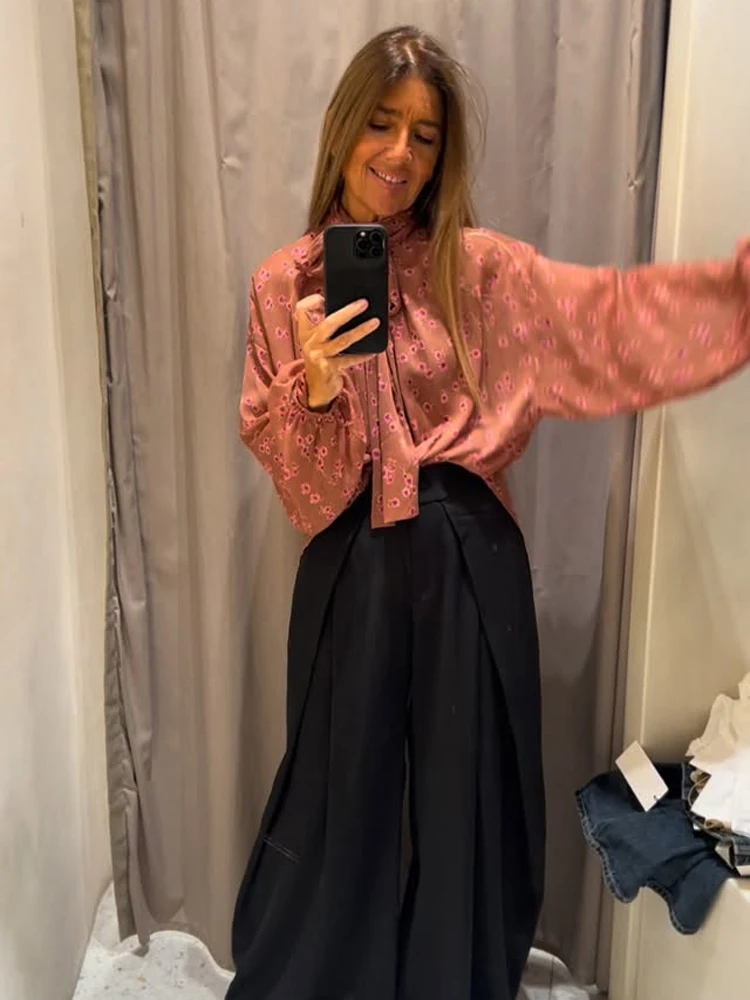 

Элегантная женская блузка из шифона с цветочным принтом, бантом и шнуровкой, с рукавами-фонариками, свободного кроя, с асимметричным подолом, повседневная верхняя одежда