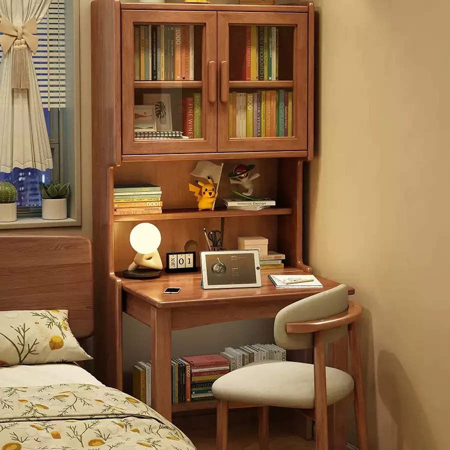 

Solid wood folding desk bookshelf integrated table home study table small apartment bookcase combined