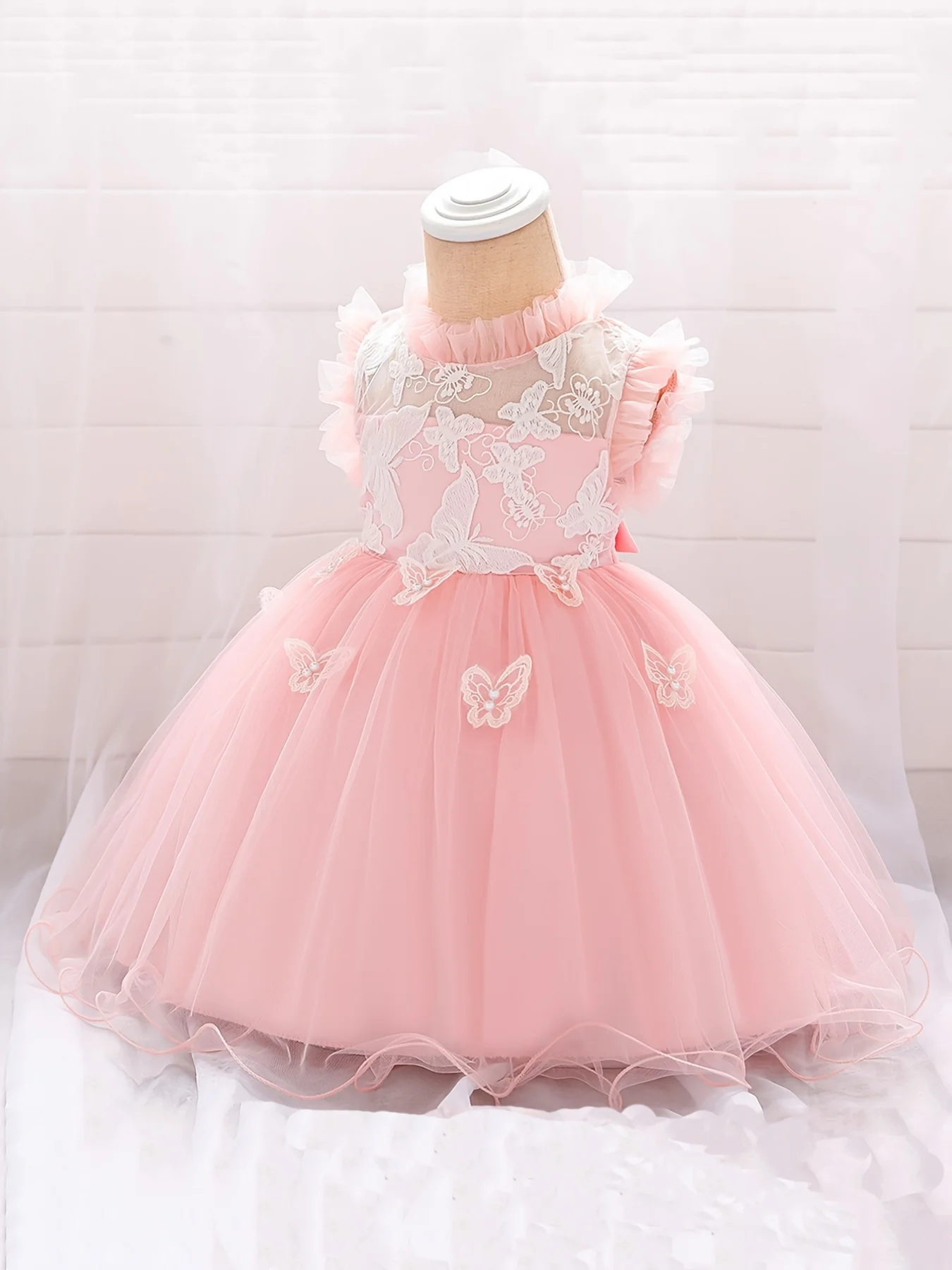 0-5 years old summer baby girl baby butterfly pink temperament fluffy mesh dress, birthday gift dress