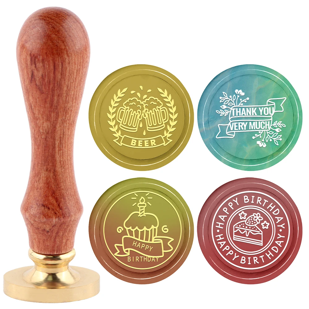 Wachssiegel-Stempel mit Kopf und Palisandergriff, Dankeschön-Alles Gute zum Geburtstag wünscht Bierkuchen-Muster für selbstgemachte Geburtstagseinladungskarten