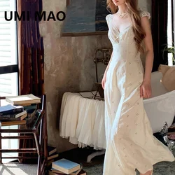 UMI MAO French Vintage Hollow Out Dress Elegant Heavy Industry Embroidered V-neck Dresses Femme Y2K