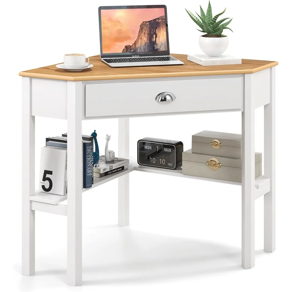 

Corner Desk with Drawer & Storage Shelves Small Triangle Writing Table Computer Desk Corner Vanity for Home Office Small Space