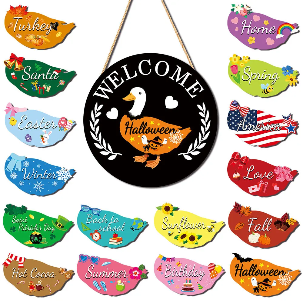 Holiday Door Decor Goose Welcome Sign Holiday Porch Decor 11.8*11.8inch Holiday Decoration 16-piece Interchangeable