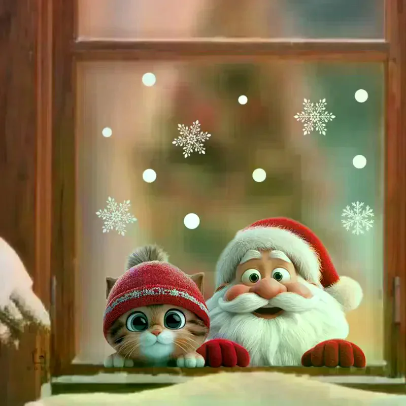 Christmas Window Clings With Cute Santa Cat Snowflake Pattern Removable Self Adhesive For Home Shop Xmas Decoration