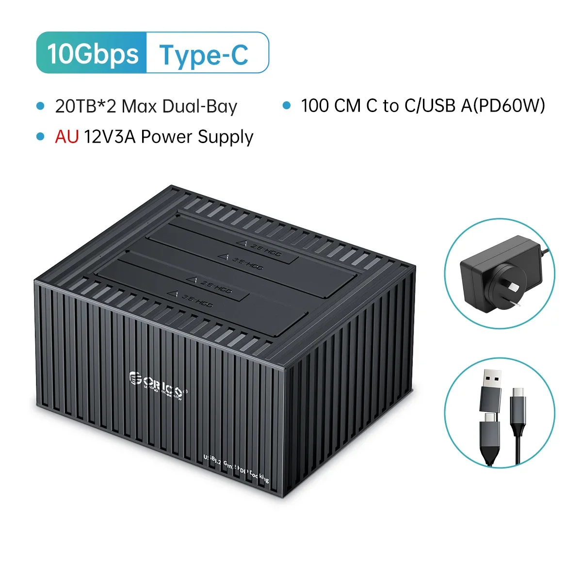 ORICO 3,5 Zoll Dual-bay Typ-C 10 Gbit/s Festplatten-Dockingstation für 2,5/3,5 Zoll HDD/SSD mit 12V3A Netzteil UASP 40 TB max