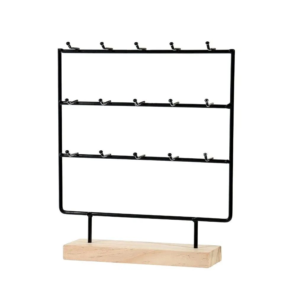 

3 Tier Earring Display Rack Necklace Bracelet Space Saving Earring Holder Stand Iron Wood 15 Hooks Jewelry Holder Organizer