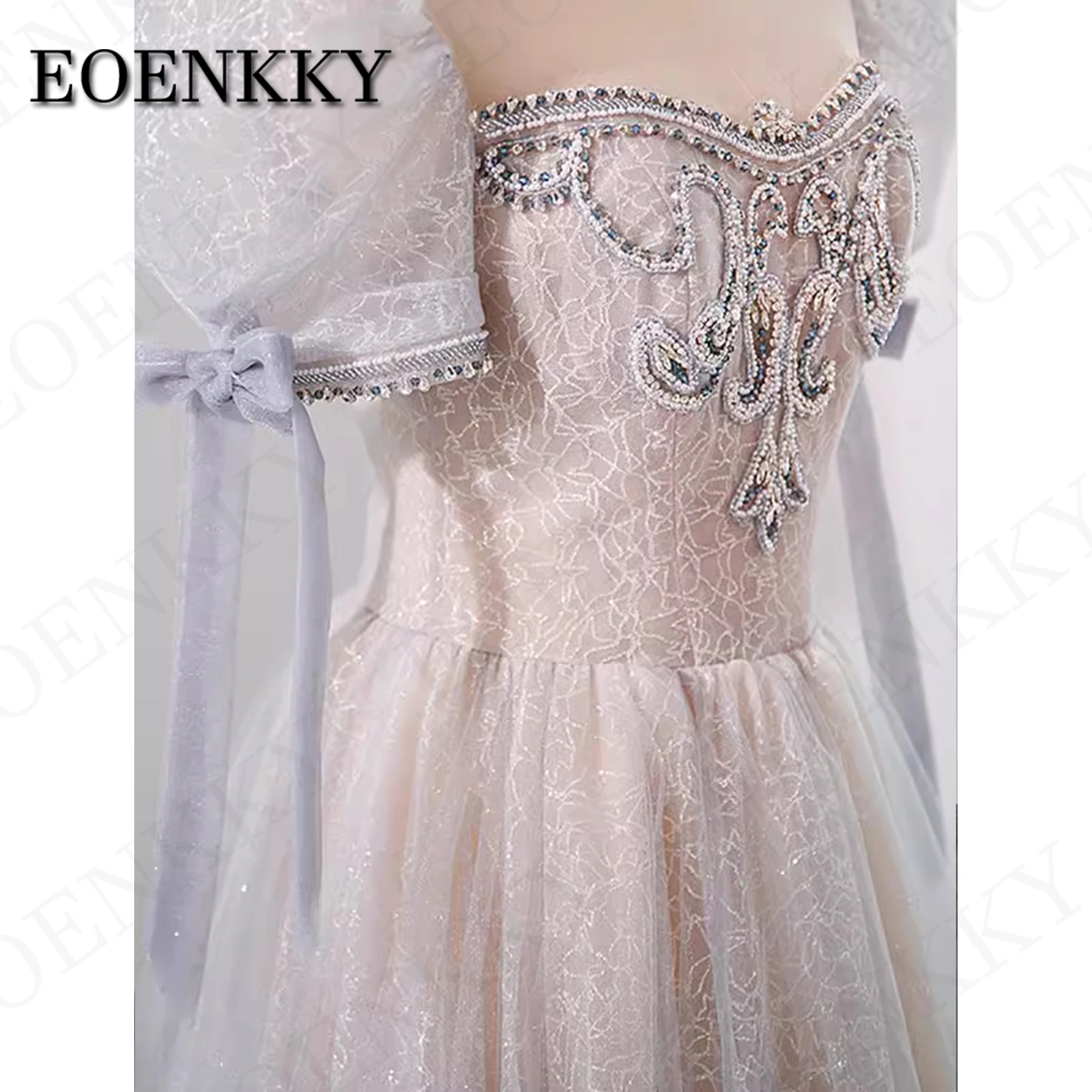 Graduation Princess Tulle Prom Dresses 2024 Puff Sleeves Sparkly A Line Wedding Party Dress Illusion O-Neck Women robe de soirée