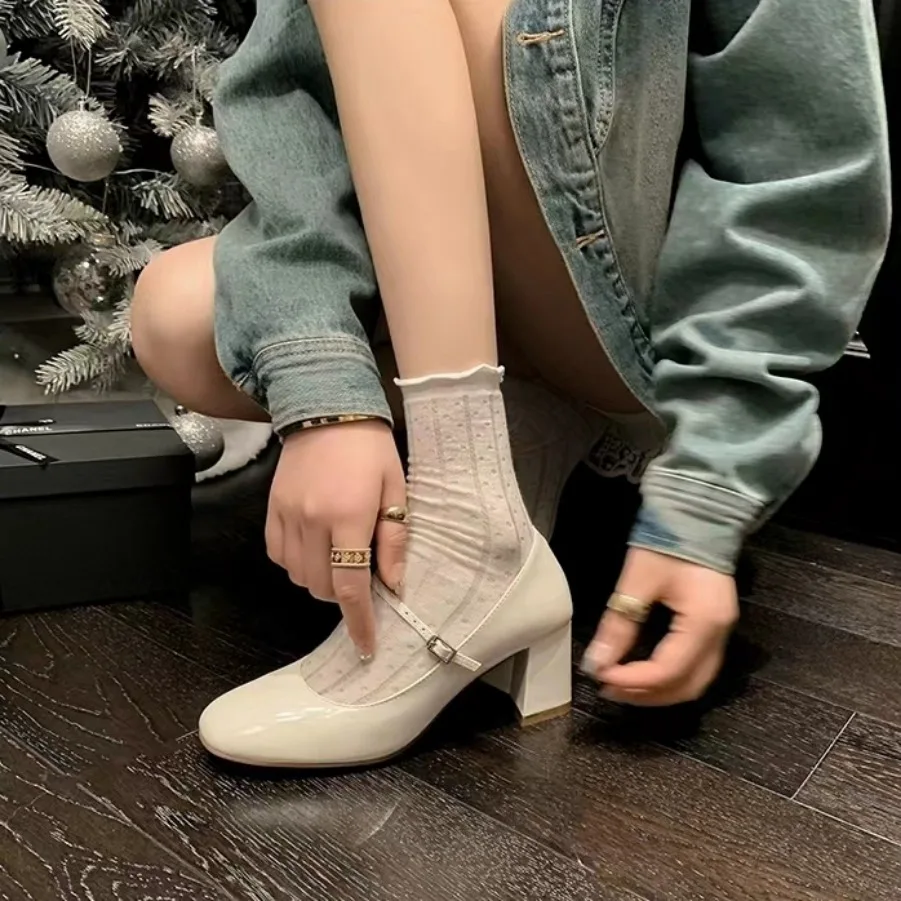 Women High Heels Shoes Silver White Sexy Mary Jane Outdoor Round Toe Fashion Pumps Shoes Lolita Thick Heeled Patent Pu Leather