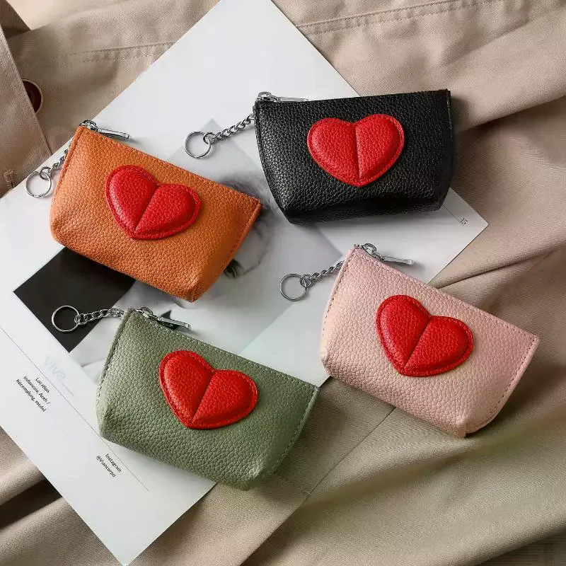 Fashion Color-Blocked Heart-Shaped Keychain Wallet PU Mini Coin Purse For Women
