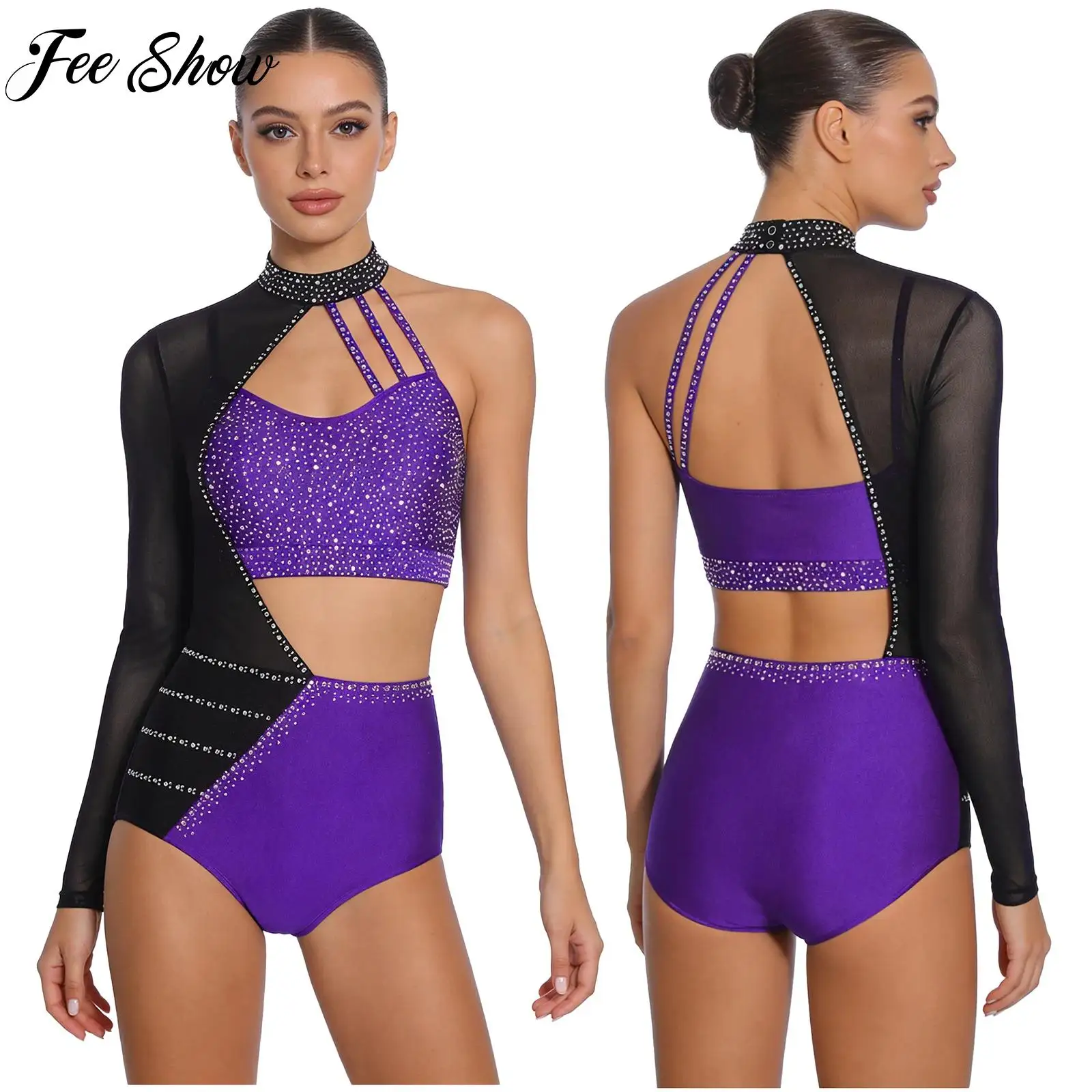 

Womens Latin Cha-cha Samba Salsa Dance Figure Ice Skating Costume Rhinestone Asymmetrical Hollow Out Ballet Gymnastics Leotard