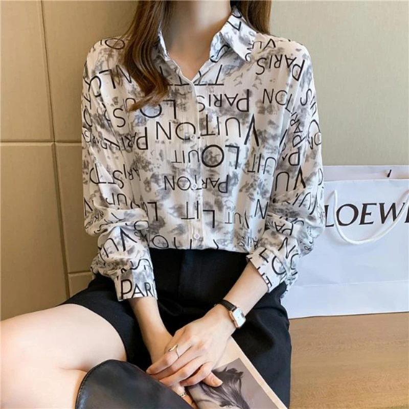 Letter Printing Chiffon Long Sleeve Tie Dye Button Cardigan Shirt Women\'s Clothing Spring Autumn Casual Office Lady Formal Tops