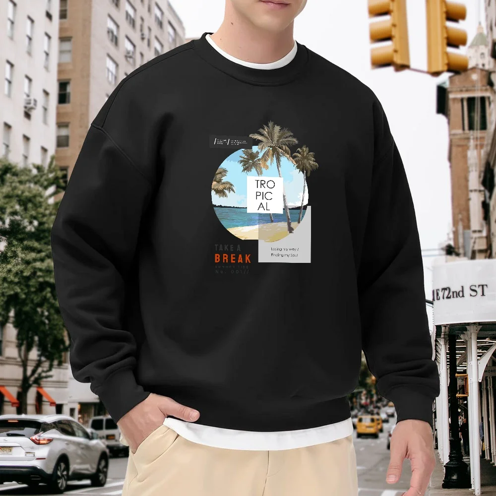 

Men's Black Loose-Fitting Crewneck Sweatshirt with Tropical Palm Tree Print and Letter Pattern, Faux Two-Piece Design with Contrasting Hem, Casual Street Style Top, Comfortable and Versatile for Everyday Wear