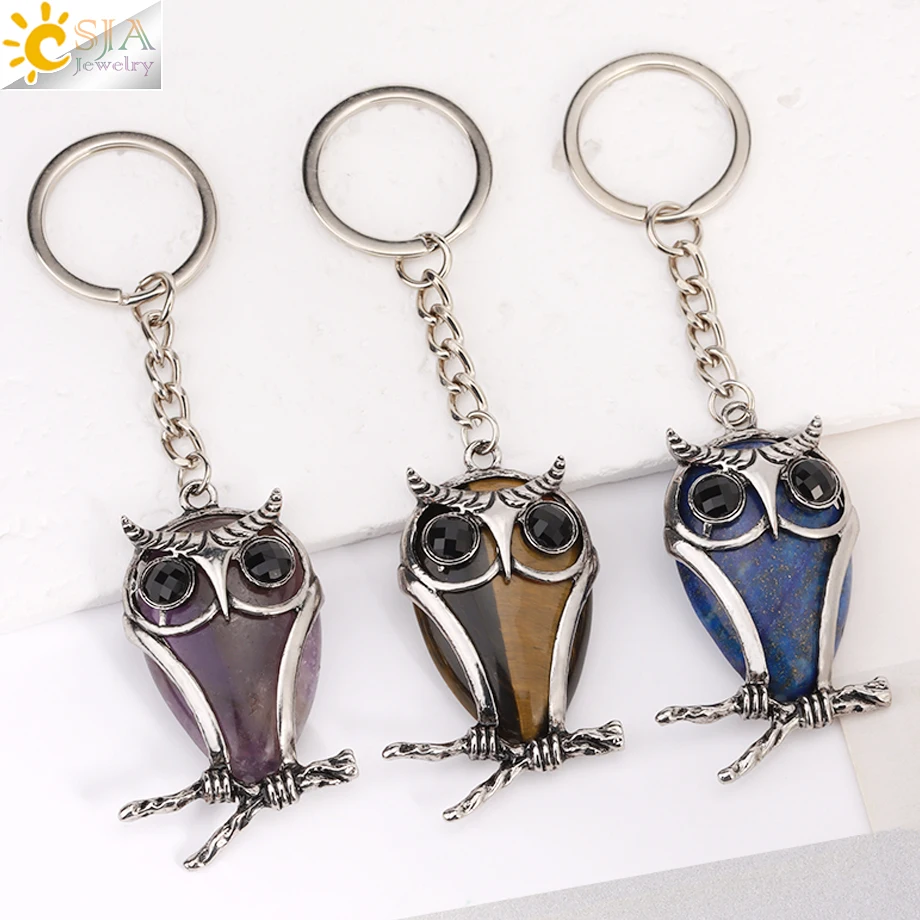 CSJA Natural Stone Keychain Cute Animal Owl Drop Crystal Pendant Key Ring Card Holder Motorcycle Accessories Jewelry H253