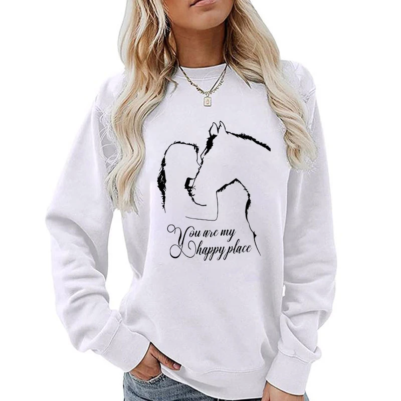 Funny Horse And Girl You Are My Happy Place Print Sweatshirt Autumn Winter Fleece Long Sleeves Pullover For Women Round Neck