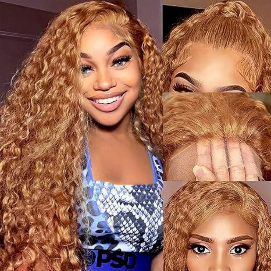 13x6 Deep Wave Honey Blonde Wig Human Hair Lace Front Wigs #27 Color Blonde Curly Lace Front Wigs Pre Plucked with Baby Hair