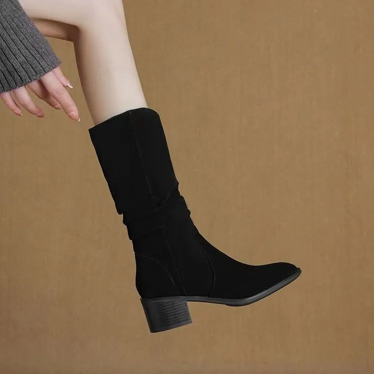 

Knight Boots 2025 Autumn/Winter Retro Round Head Velvet lined Boots Women's Knee Up Thin Boots Folded Pile Boots Brown