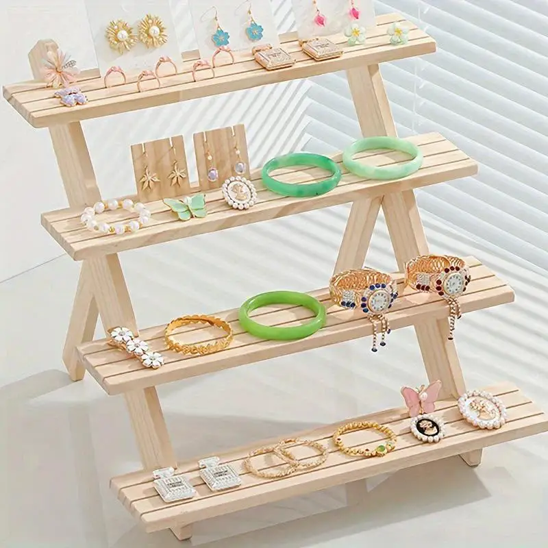 Natural Solid Wood Multi-Layer Display Rack Non-Slip Plant Jewelry Storage Stand for Bedroom Table Decor