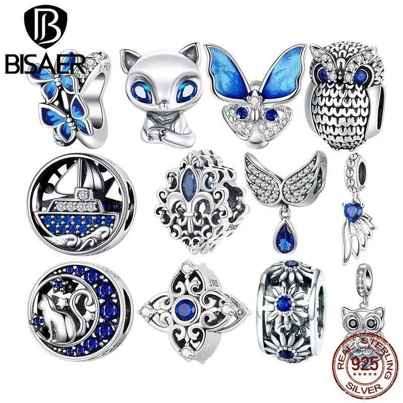 BISAER 925 Sterling Silver Vintage Blue Series Charm Fox Owl  Beads Feather Pendants Fit Original Bracelet DIY Fine Jewelry