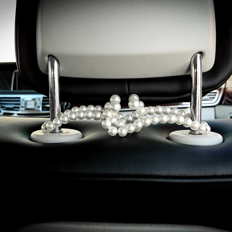 2pcs Car Rear Seat Hook White Pearl Hanger Hook Half Open Design Auto Hook Stainless Steel Seat Headrest Hooks Car Accessorie